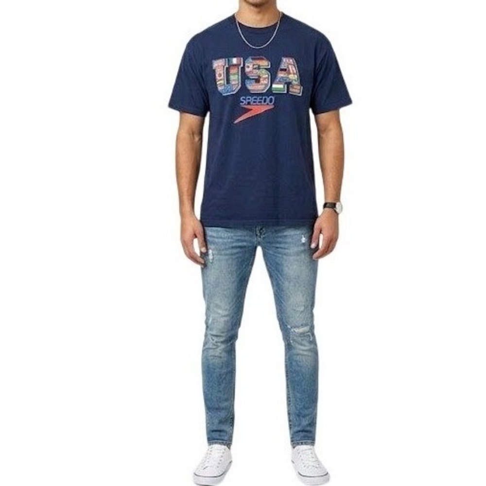 Vintage 90s‎ Speedo USA Olympics Flag Collage T-Shirt L Navy Made in USA